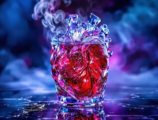Fototapete - A vibrant cocktail glass filled with a striking red drink and ice, set against a colorful smoky background.