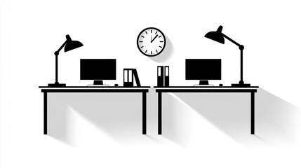 Poster - Two workspaces with desk lamps, monitors, clock, and files.  Simple vector illustration. Suitable for office design, productivity, or work from home concepts