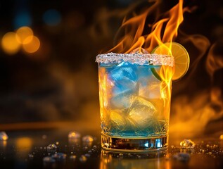 Poster - A vibrant cocktail with flames on top, served in a glass with ice cubes.