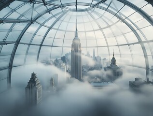 Poster - The image depicts a futuristic cityscape enveloped in thick clouds, viewed from inside a dome structure. The iconic skyline features prominent skyscrapers, including a recognizable tower.