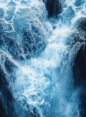 Poster - Majestic Waterfall Cascade with Turquoise Blue Water Beneath Rocky Cliff Surrounded by Nature's Beauty and Serenity