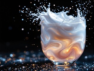 Fototapete - A stunning image of a glass filled with a swirling, creamy liquid, surrounded by splashes of liquid against a dark background.