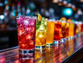 Aufkleber - A vibrant display of colorful cocktails arranged on a polished bar counter.