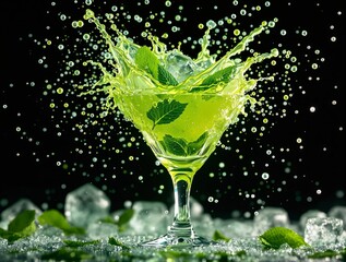 Poster - A vibrant green cocktail splashes in a glass amidst floating mint leaves and ice cubes.