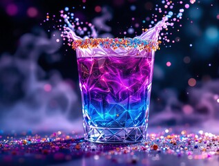 Fototapete - A vibrant splash of liquid is captured in a crystal glass, showcasing a mesmerizing gradient of purple and blue hues.