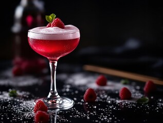 Aufkleber - A vibrant cocktail garnished with a raspberry and mint leaf stands elegantly in a glass. Nearby, scattered raspberries and sugar crystals enhance the composition.