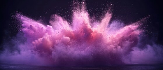 Poster - Ethereal explosion of vibrant pink and purple powder against a dark backdrop creating a mesmerizing visual symphony of color and movement in a modern abstract style