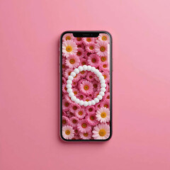 Poster - A modern phone with a transparent screen, displaying a sleek white circle design, elegantly placed among vibrant flowers against a soft pink wall.