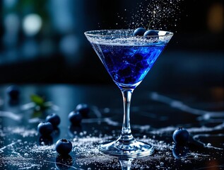 Poster - A vibrant blue cocktail in a martini glass, surrounded by fresh blueberries and splashes of liquid.