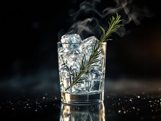 Fototapete - A glass filled with ice cubes and garnished with a sprig of rosemary, set against a dark background.