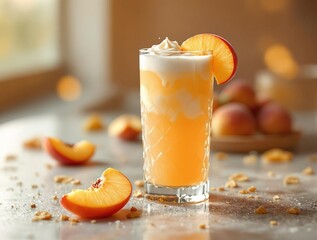 Aufkleber - A refreshing peach beverage in a glass, surrounded by peach slices on a light surface.