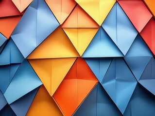 Poster - Dynamic geometric mosaic with vibrant orange blue and yellow triangles creating a modern abstract background