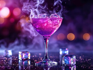 Poster - A vibrant cocktail in a stylish glass with smoke effects and ice cubes surrounding it.