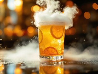 Aufkleber - A colorful cocktail in a glass with orange slices and a cloud of vapor above it.