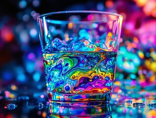 Fototapete - A vibrant glass filled with colorful liquid and ice cubes, set against a dazzling abstract background.