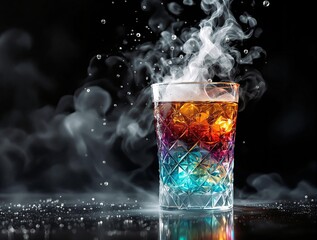Poster - A vibrant glass of colorful liquid is emitting steam against a dark background.
