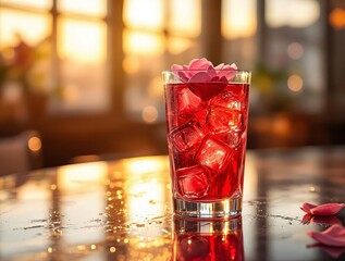 Aufkleber - A refreshing red cocktail garnished with rose petals sits on a glistening table, illuminated by soft sunset light.