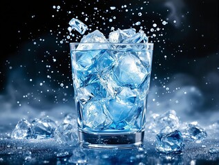 Fototapete - A glass filled with ice cubes is shown, with water droplets appearing around it.