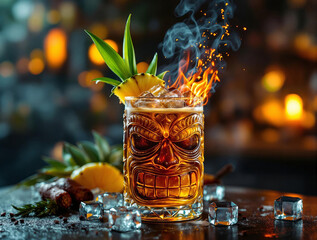 Fototapete - A vibrant tiki cocktail is illuminated against a dark, moody backdrop, exuding an enticing tropical vibe.