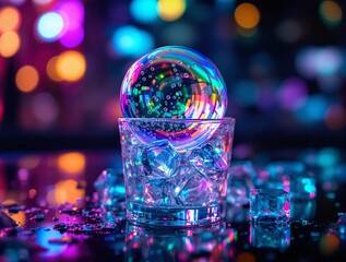 Aufkleber - A bubble resting on a glass filled with ice cubes, against a blurred vibrant background.