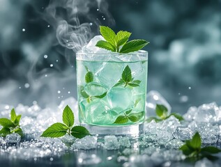 Poster - A refreshing cocktail garnished with mint leaves sits in a glass filled with ice, surrounded by more mint leaves and ice shards.