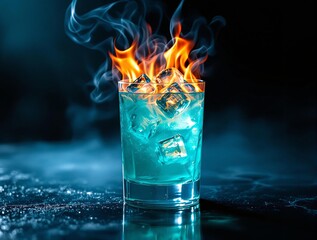 Fototapete - A glass of blue drink with ice cubes is engulfed in flames, creating a striking visual contrast.