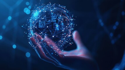Poster - Futuristic Concept of Global Connectivity with Digital Globe Held in Hand Surrounded by Data Lines and Network Nodes