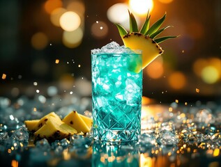 Poster - A vibrant blue cocktail is served in a textured glass adorned with a pineapple slice and ice cubes.