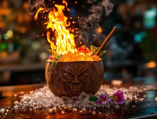 Poster - A vibrant cocktail served in a carved wooden bowl, with flames erupting from the top.