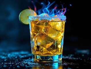 Aufkleber - A vibrant cocktail in a textured glass with colorful flames emerging from the top.