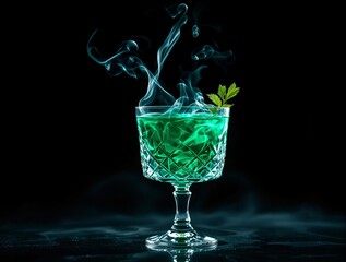 Fototapete - A shimmering green cocktail in an elegant glass with a mint garnish sits against a dark background, creating an enchanting atmosphere.