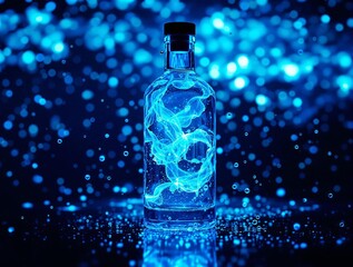 Aufkleber - A luminous glass bottle filled with a glowing blue substance against a backdrop of sparkling blue lights.