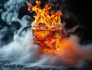 Aufkleber - A glass filled with a dark liquid is engulfed in flames, creating a dramatic and intense visual effect.