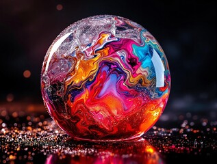 Fototapete - A vibrant glass orb resting on a reflective surface, illuminated against a dark background.
