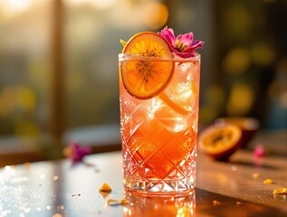 Aufkleber - A vibrant cocktail sits in a crystal glass, garnished with a slice of orange and a pink flower. The background features warm, soft lighting that enhances the drink's colors.