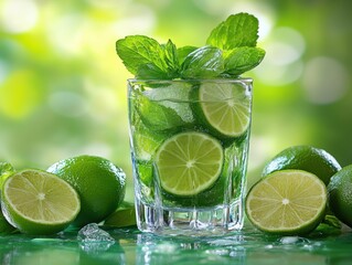 Poster - Refreshing lime and mint mojito drink in glass with ice cubes and fresh limes on table with green background