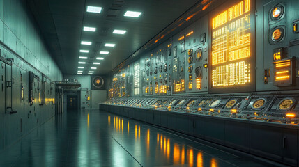 Poster - A futuristic, sci-fi inspired control center with glowing panels and a large circular energy core in the background