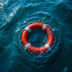 Poster - A bright red lifebuoy floating in calm blue water, creating a striking contrast, symbolizing safety, rescue.