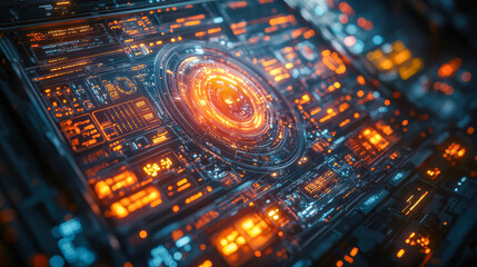 Poster - High-tech control panel with glowing orange holographic interfaces in a futuristic design