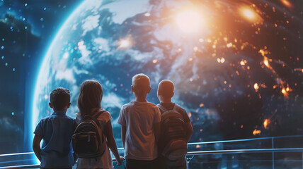 Aufkleber - This Children gaze at Earth from a suborbital spaceplane, captivated by the beauty of space.
