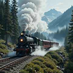 Poster - An AI-generated image of a steam train chugging through a misty mountain forest, with billowing smoke trailing behind, capturing.