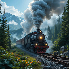 Poster - An AI-generated image of a steam train chugging through a misty mountain forest, with billowing smoke trailing behind, capturing.