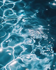 Poster - Captivating abstract water surface with shimmering light reflections evoking tranquility and serenity in a cool azure blue tone creating a mesmerizing visual experience