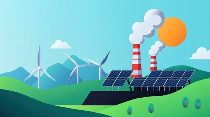 Wall Mural - coal plant dissolving into a solar-powered greenhouse, symbolizing environmental progress.