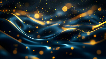 Poster - An abstract image showcasing fluid waves of blue and gold, creating a mesmerizing and dreamy atmosphere with soft glowing lights.