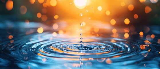 Poster - Serene water droplets falling into a tranquil pool creating ripples with a warm bokeh background evoking peace and calm in a zen style