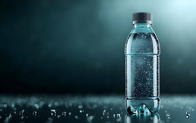 Poster - A clear water bottle filled with sparkling water, set against a blurred background with light reflections and droplets.