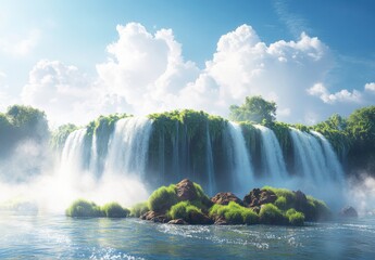 Poster - Majestic Waterfall Cascading Down Verdant Cliffs Surrounded by Lush Greenery and Dramatic Clouds in a Vibrant Blue Sky Landscape