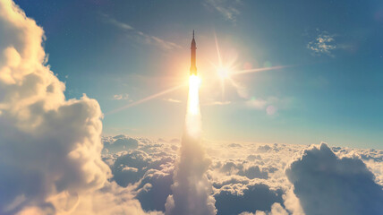 Poster - This rocket launches into the sky, leaving a trail of smoke as it ascends through clouds towards space.