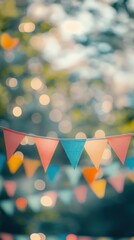 Poster - Festive celebration with colorful bunting flags and bokeh lights creating a joyful and vibrant atmosphere perfect for party events and outdoor gatherings